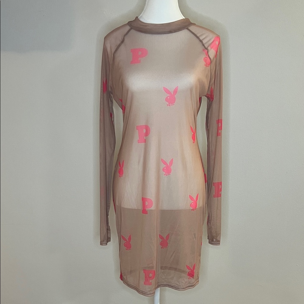Sheer Taupe Mesh Dress with Pink Playboy Logos